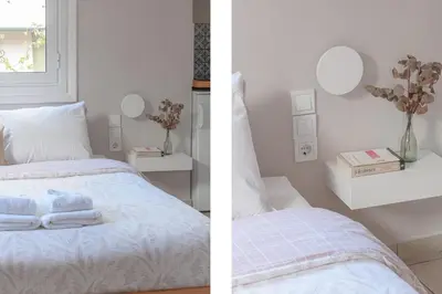 two images of a bedroom with a bed and a window at Circle Inn in Athens