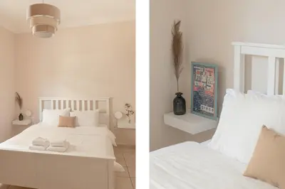 two pictures of a bedroom with a white bed at Circle Inn in Athens