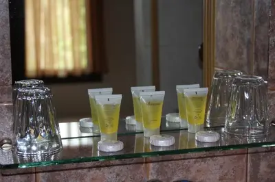 a glass counter with glasses and glasses of yellow liquid at Tempi Hotel in Athens
