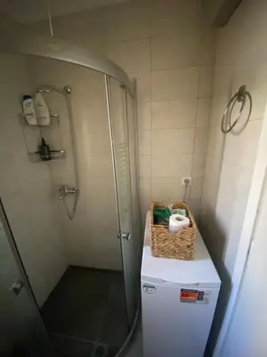 a bathroom with a shower and a white refrigerator at The Little Studio Koukaki - Acropolis in Athens