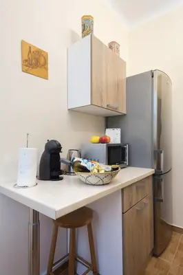 a kitchen with a counter top with a refrigerator at Acropolis Heart in Athens