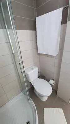 a small bathroom with a toilet and a shower at Acropolis at your fingertips in Athens
