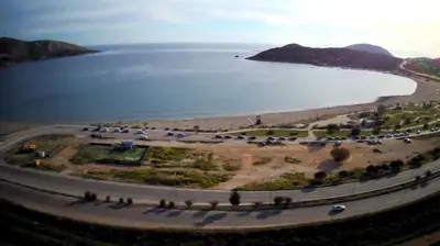 an aerial view of a beach and the water at Surfers' Cottage in Anavissos