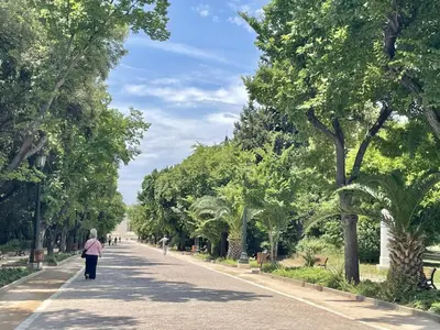 a woman walking down a street with trees at Artistic apartment next to everything in Athens