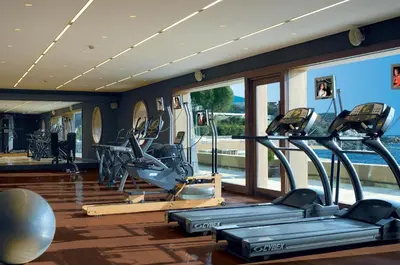 a gym with treadmills and exercise equipment in a room at Grand Resort Lagonissi in Lagonissi