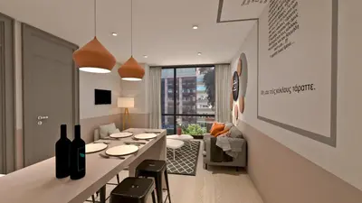 a living room with a long table with wine bottles at Great Living Apartments in Athens