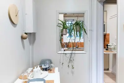 a kitchen with a plant hanging from a window at Agora Vista Acropolis in Athens