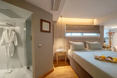 a bedroom with a bed and a walk in shower at Acropolian Spirit Boutique Hotel in Athens