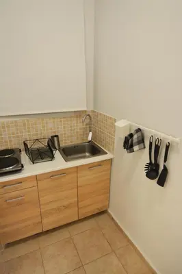 a kitchen with a sink and a refrigerator at Stylish apartment in Kolonaki in Athens