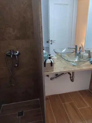 a bathroom with a sink and a shower at Kolonaki Elegant apartment in Athens