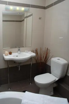 a bathroom with a toilet and a sink and a mirror at Hotel Delfini in Piraeus