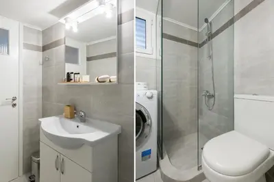 a bathroom with a toilet sink and a shower at Modern Flat next to the USA Embassy by UPSTREET in Athens