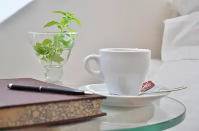 a table with a coffee cup and a book and a notebook at Acropolis Ami Boutique Hotel in Athens