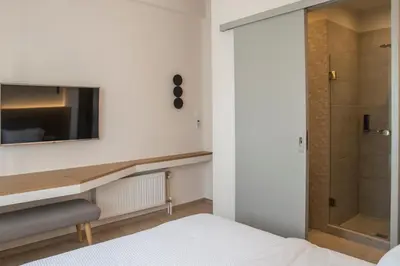 a bedroom with a shower and a television on a wall at Athens Life in Athens