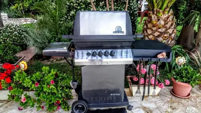 a bbq grill sitting in a garden with flowers at Villa Sunrise Lagonisi in Lagonissi