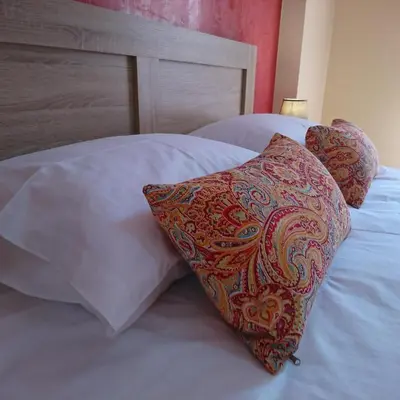 a bed with two pillows on top of it at Marianas Inn in Athens