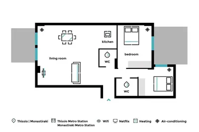 a floor plan of a small apartment at Stylish and Spacious 2BD - Thiseio by UPSTREET in Athens