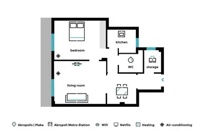 a floor plan of a house at Acropolis Heart 1BD Apartment in Plaka by UPSTREET in Athens