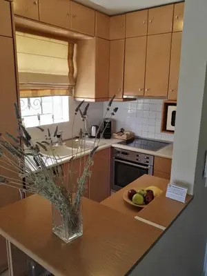 a kitchen with a vase of flowers on a table at Apollo complex 1 in Porto Rafti