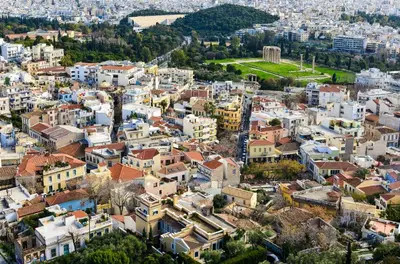 an aerial view of a city with buildings at Athens heart, Syntagma metro studio in Athens