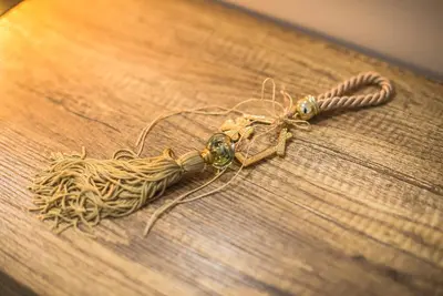 a tied up item on a wooden table at 