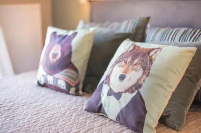 a bed with two pillows with a dog on it at 