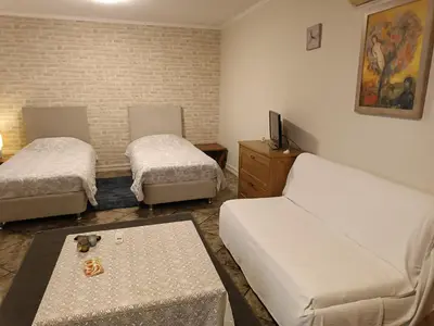 a living room with two beds and a couch at Sunny garden studio in Athens