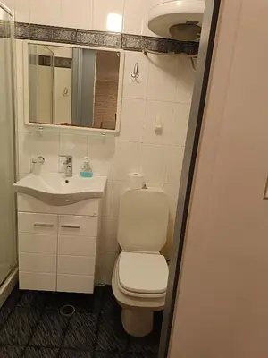 a small bathroom with a toilet and a sink at Sunny garden studio in Athens