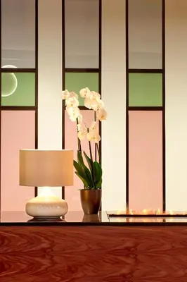 a table with a lamp and a vase with white flowers at Zeus Essence Wyndham Athens Residence in Athens