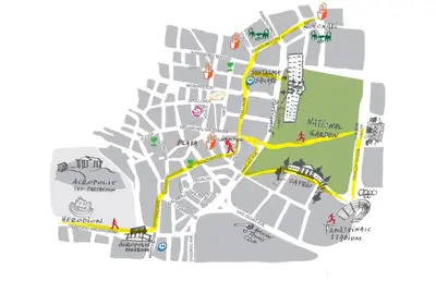 a map of the city of melbourne with a yellow line at Living near Acropolis by Sylvia Staikou 2nd & 3d floor in Athens