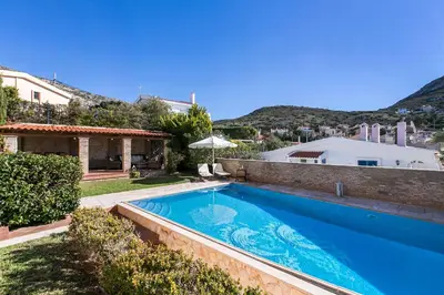 a swimming pool in the backyard of a house at Villa Melia Athenian Riviera in Sounio