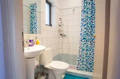 a bathroom with a toilet and a sink and a shower at Porto Rafti view by Akroploro in Porto Rafti