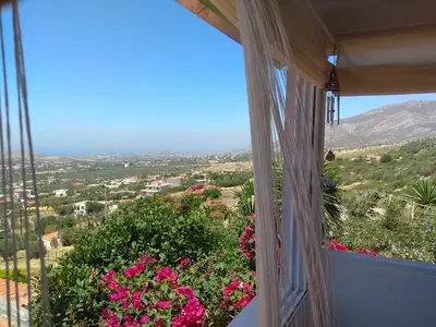 a view from a balcony with pink flowers at Outstanding Panoramic View, 10΄ beach, 20΄ airport in Ólimbos