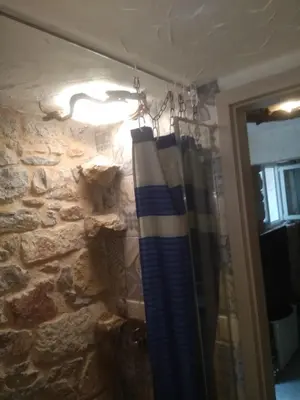 a bathroom with a stone wall and a shower curtain at Stone House in Athens