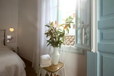 a vase with a plant on a chair next to a window at Live in Athens, THISEIO Historic House in Athens