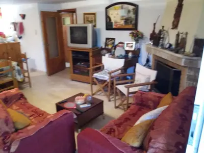 a living room with two couches and a fireplace at Aliki House in Porto Rafti