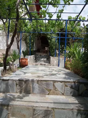 a stone walkway with a blue gate and stairs at Aliki House in Porto Rafti
