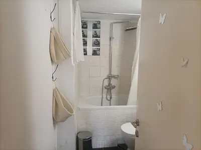 a bathroom with a shower and a tub and a toilet at Charming Retreat in Athens