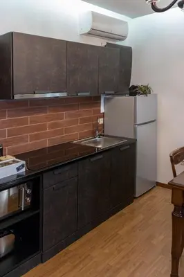 a kitchen with a sink and a refrigerator at Lycabettus Exclusive Apartments in Athens