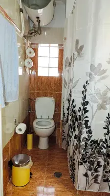 a bathroom with a toilet and a shower curtain at Penthouse Deluxe apartment at piraeus in Piraeus
