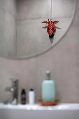 a bathroom sink with a bug hanging from a mirror at The Frogs_Guest House in Athens