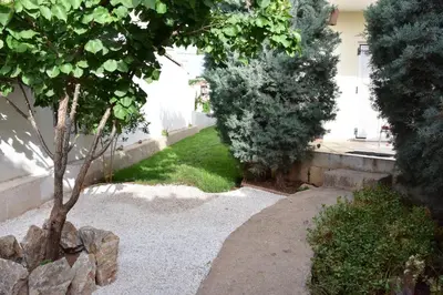 a garden with a tree and a house at Galotel Agnoudas near the airport in Markopoulo