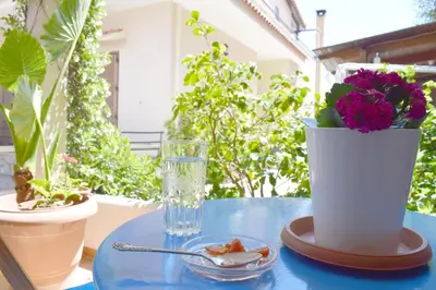 a table with a glass of water and a vase with flowers at Violet Bedroom and Apartment in Spáta