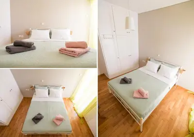two pictures of a bedroom with a bed with pink pillows at Fotini's place! in Athens