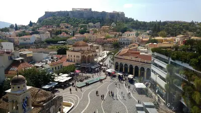 an aerial view of a city with a town at Fotini's place! in Athens
