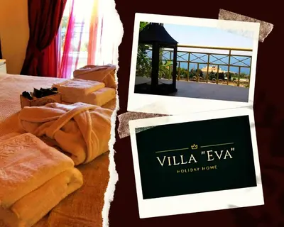two pictures of a hotel room with a table with towels at Villa 