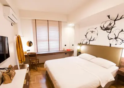 a bedroom with a bed and a desk and a television at Gaia Athens in Athens