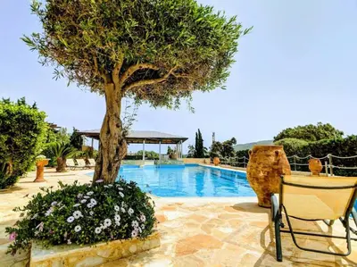 a tree and a chair next to a swimming pool at Summer Villa Lagonissi in Lagonissi