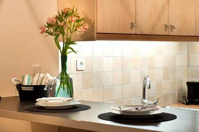 a kitchen counter with two plates and a vase with flowers at Center gazi historical in Athens