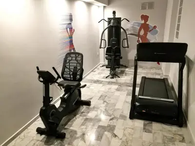 a room with a gym with a treadmill and a camera at Erato Hotel in Agia Marina Aegina
